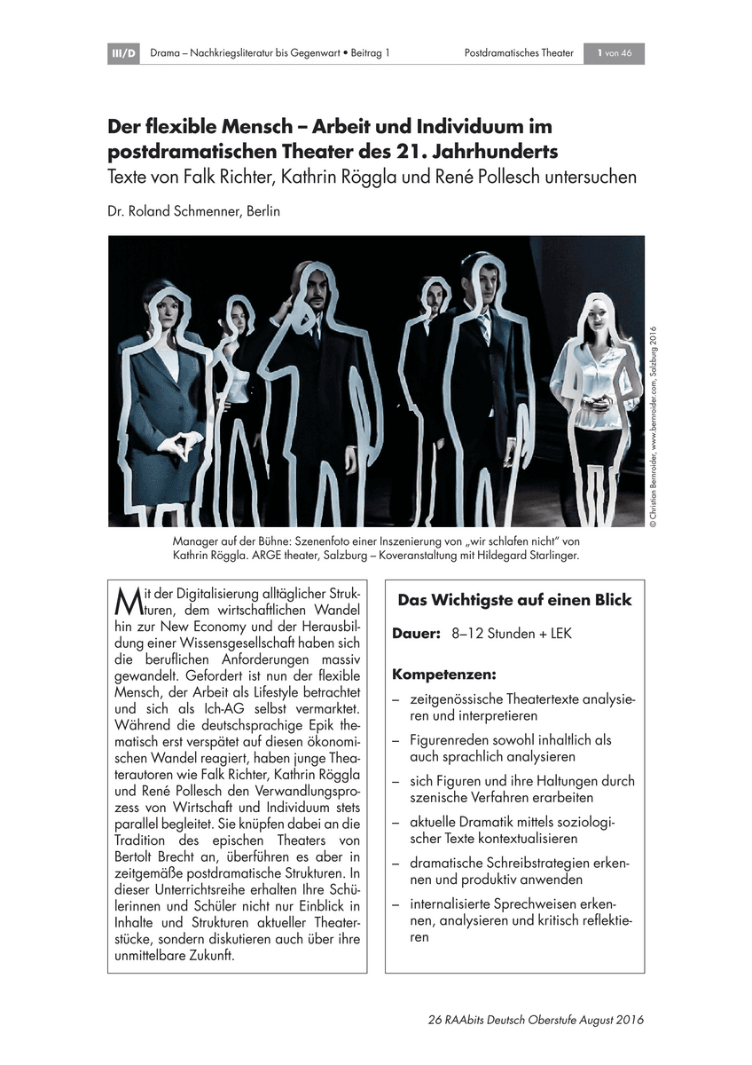 Der flexible Mensch. Arbeit und Individuum im postdramatischen Theater des 21. Jahrhunderts Der flexible Mensch. Arbeit und Individuum im postdramatischen Theater des 21. Jahrhunderts