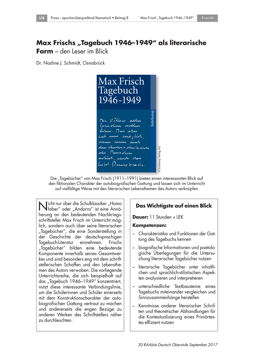 Max Frischs „Tagebuch 1946–1949“ als literarische Form Max Frischs „Tagebuch 1946–1949“ als literarische Form