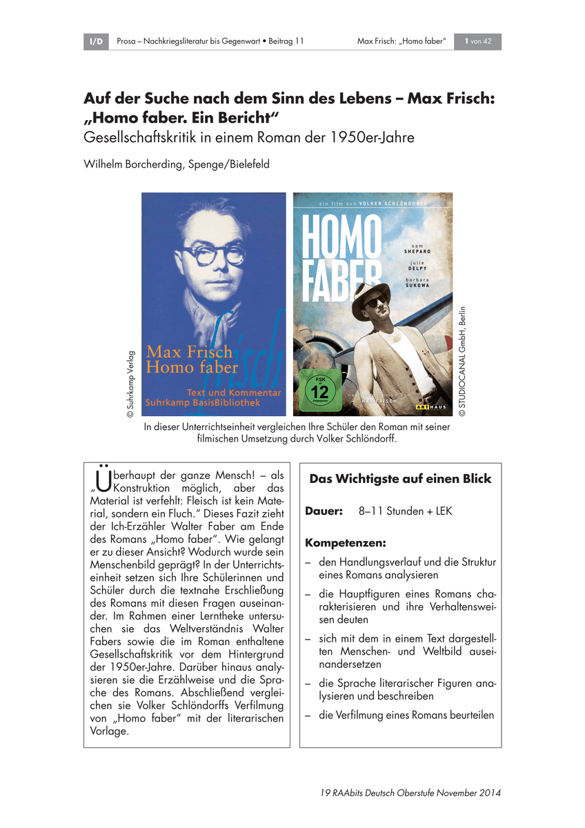Auf der Suche nach dem Sinn des Lebens – Max Frisch: „Homo faber. Ein Bericht“ Auf der Suche nach dem Sinn des Lebens – Max Frisch: „Homo faber. Ein Bericht“