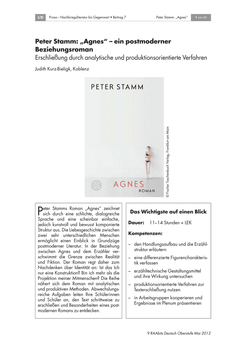 Peter Stamm: „Agnes“ – ein postmoderner Beziehungsroman Peter Stamm: „Agnes“ – ein postmoderner Beziehungsroman