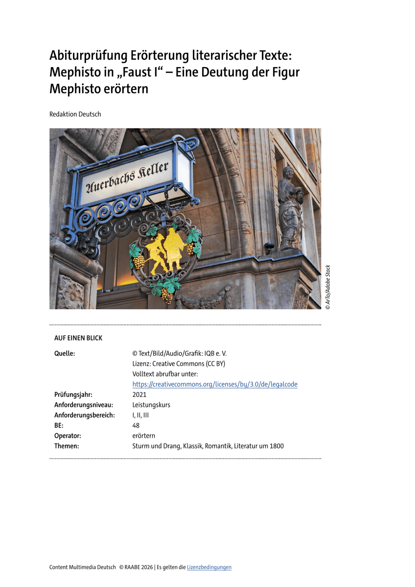 Abiturprüfung Erörterung literarischer Texte: Mephisto in „Faust I“ Abiturprüfung Erörterung literarischer Texte: Mephisto in „Faust I“