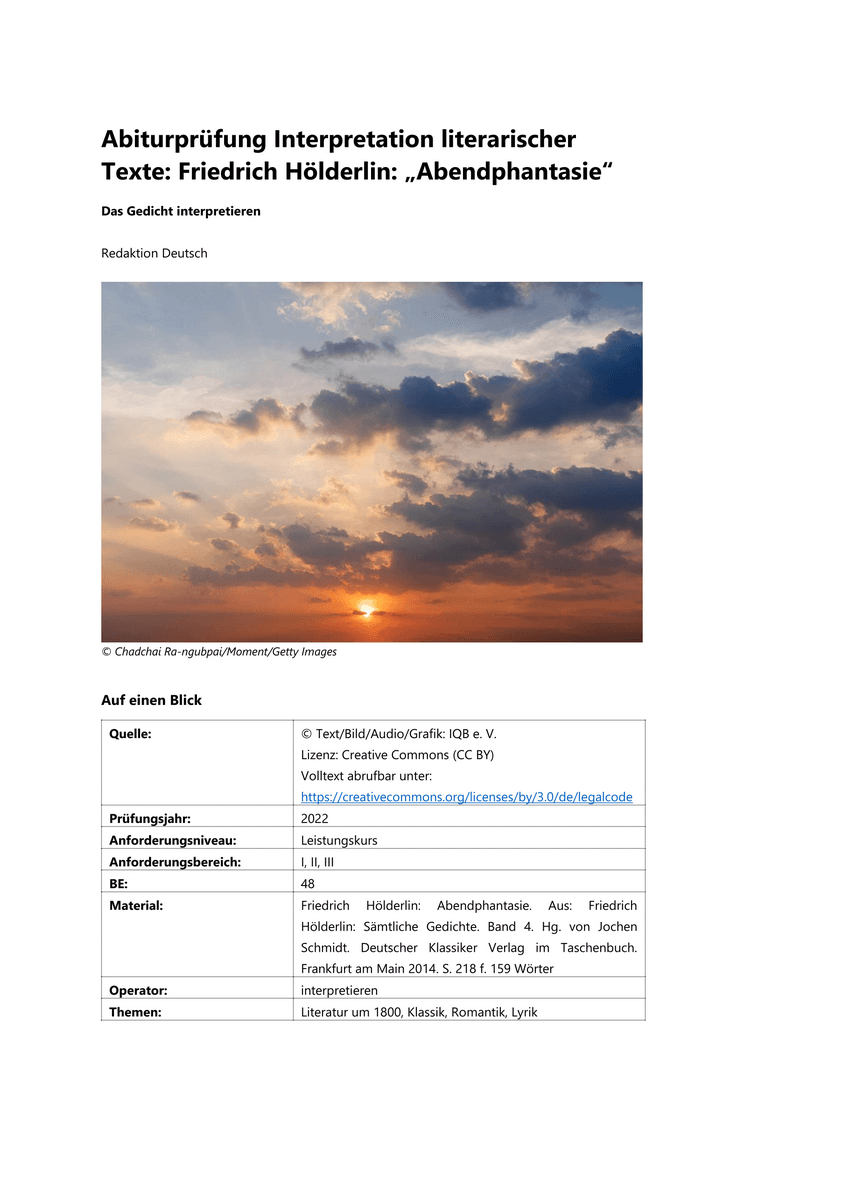 Abiturprüfung Interpretation literarischer Texte: Friedrich Hölderlin: „Abendphantasie“ Abiturprüfung Interpretation literarischer Texte: Friedrich Hölderlin: „Abendphantasie“