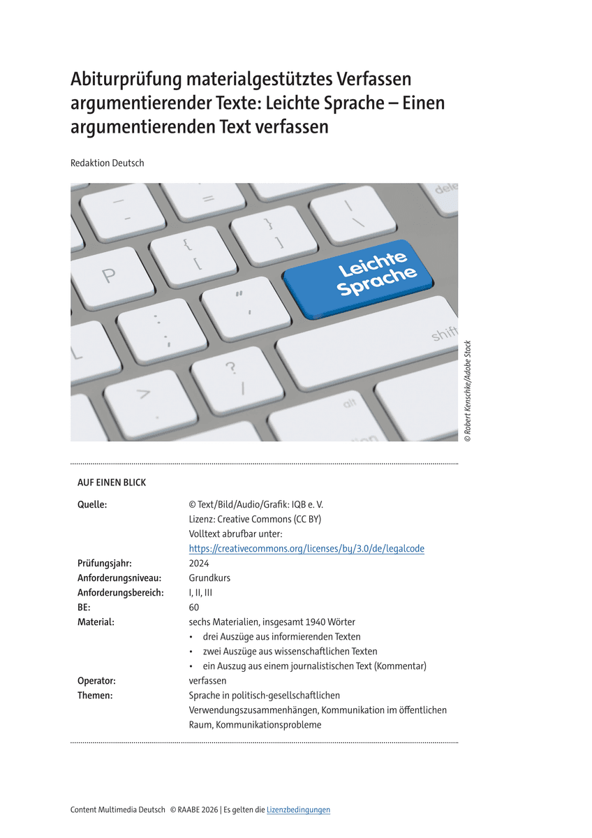 Abiturprüfung materialgestütztes Verfassen argumentierender Texte: Leichte Sprache Abiturprüfung materialgestütztes Verfassen argumentierender Texte: Leichte Sprache