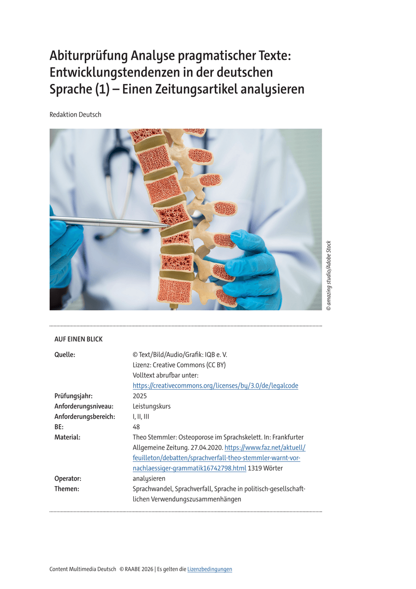 Abiturprüfung Analyse pragmatischer Texte: Entwicklungstendenzen in der deutschen Sprache (1) Abiturprüfung Analyse pragmatischer Texte: Entwicklungstendenzen in der deutschen Sprache (1)