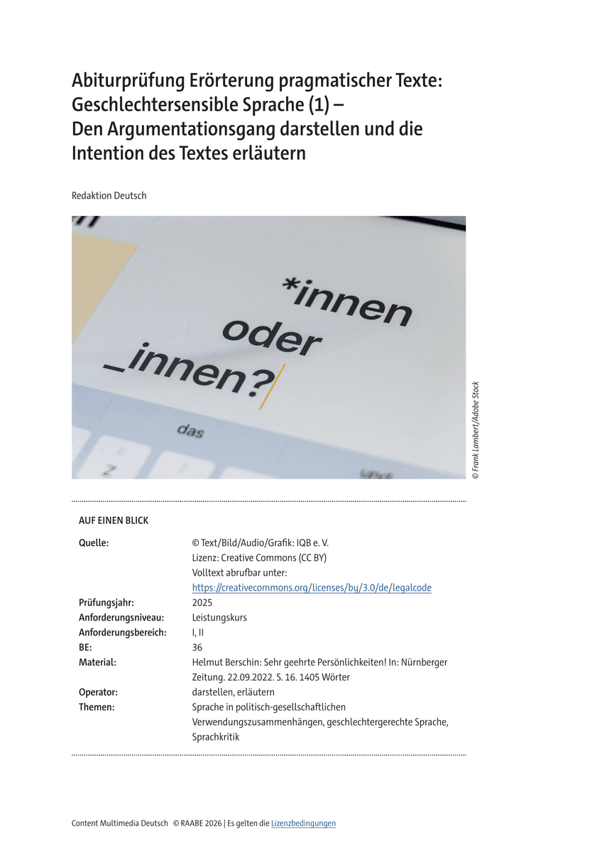 Abiturprüfung Erörterung pragmatischer Texte: Geschlechtersensible Sprache (1) Abiturprüfung Erörterung pragmatischer Texte: Geschlechtersensible Sprache (1)