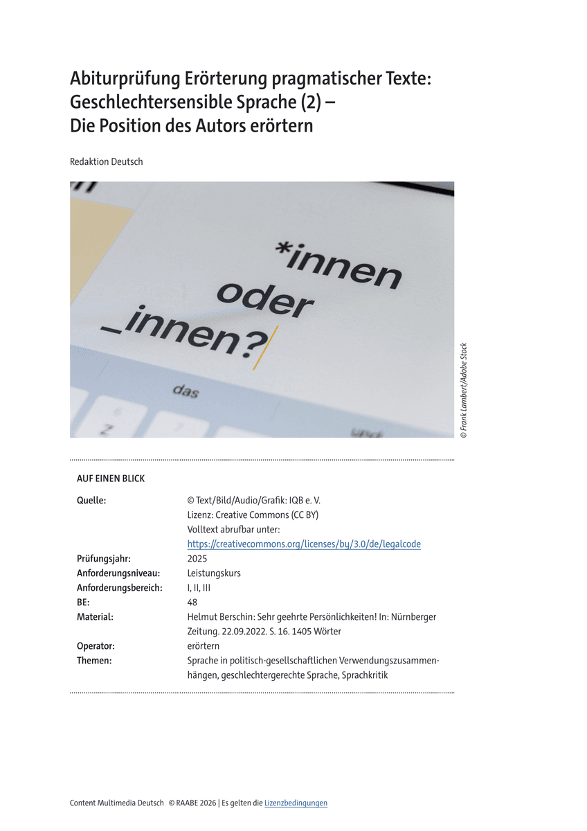 Abiturprüfung Erörterung pragmatischer Texte: Geschlechtersensible Sprache (2) Abiturprüfung Erörterung pragmatischer Texte: Geschlechtersensible Sprache (2)