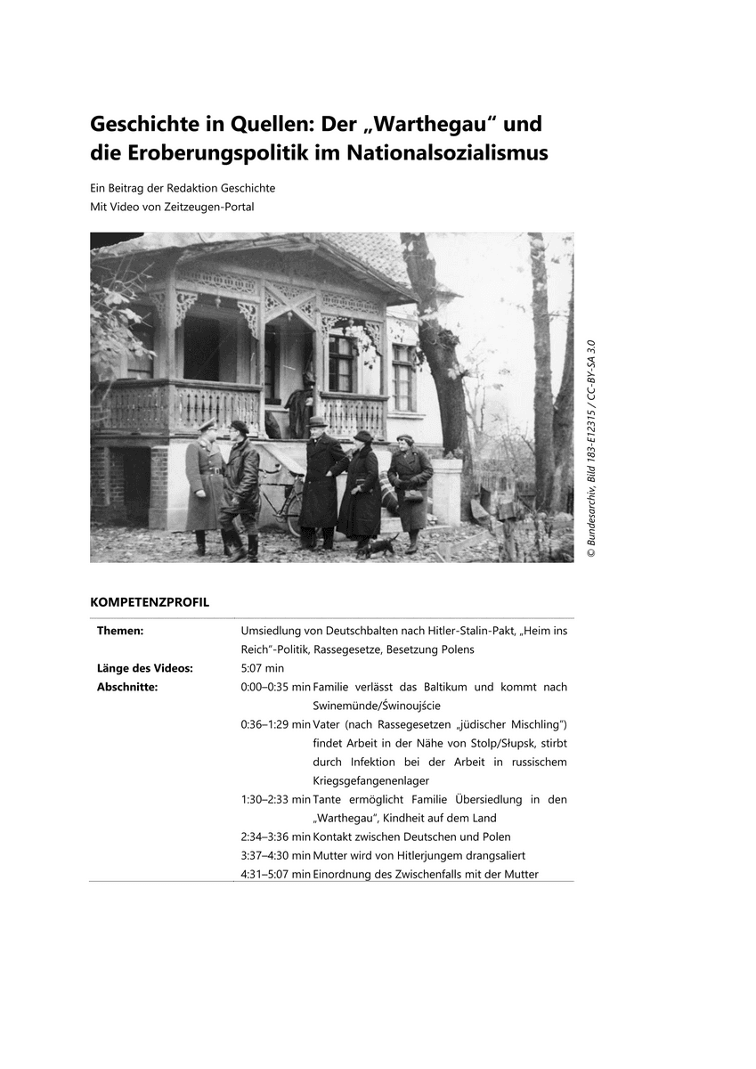 Geschichte in Quellen: Der „Warthegau“ und die Eroberungspolitik im Nationalsozialismus Geschichte in Quellen: Der „Warthegau“ und die Eroberungspolitik im Nationalsozialismus