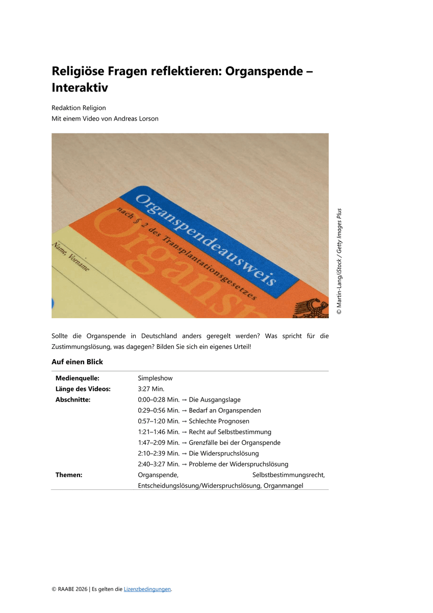 Religiöse Fragen reflektieren: Organspende Religiöse Fragen reflektieren: Organspende
