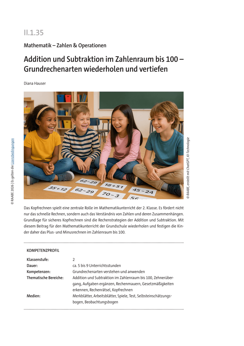 Addition und Subtraktion im Zahlenraum bis 100 Addition und Subtraktion im Zahlenraum bis 100