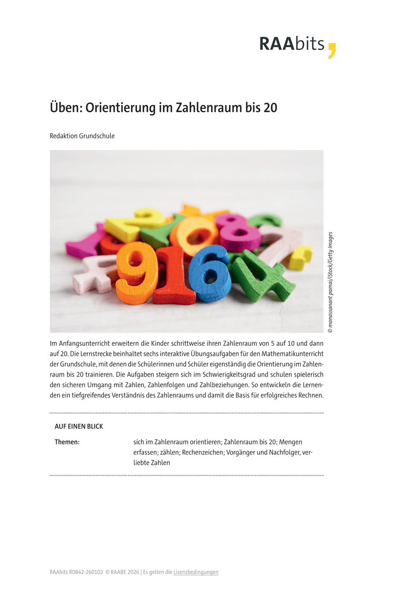 Üben: Orientierung im Zahlenraum bis 20 Üben: Orientierung im Zahlenraum bis 20
