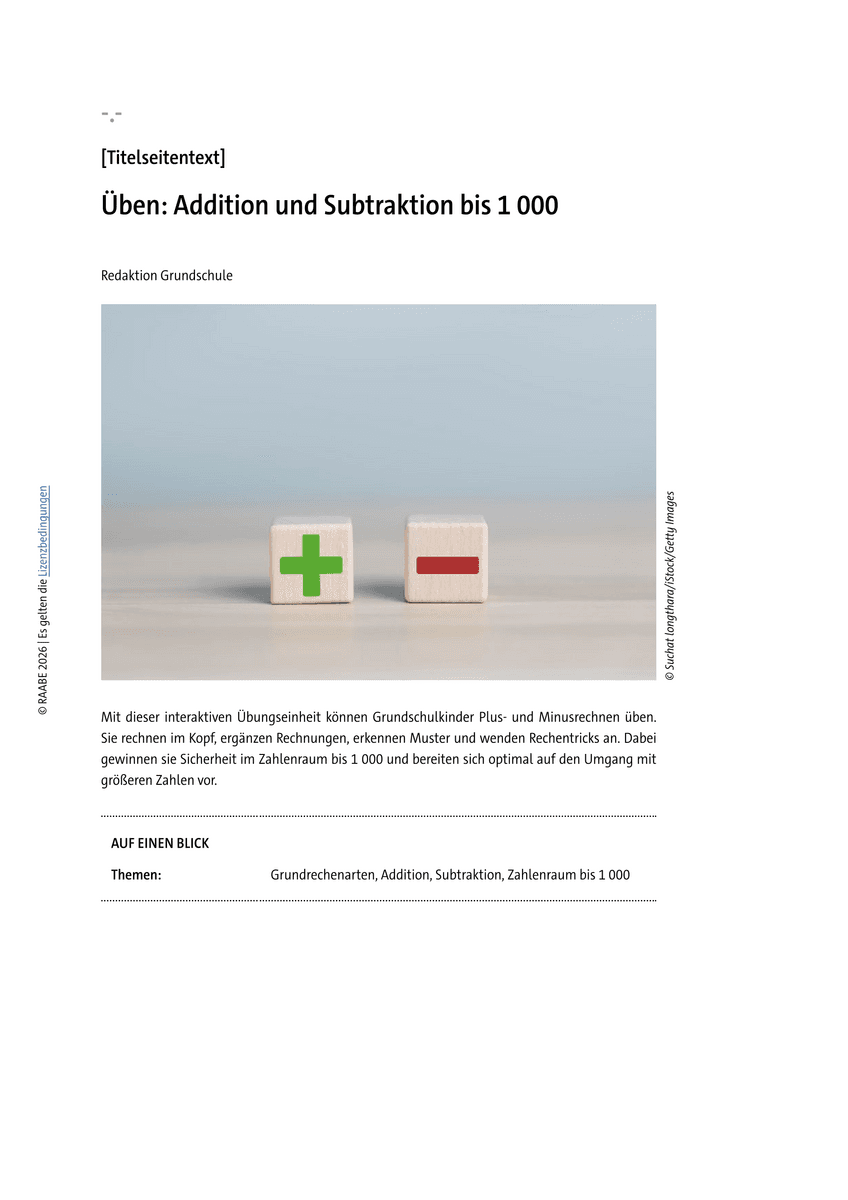 Üben: Addition und Subtraktion bis 1000 Üben: Addition und Subtraktion bis 1000
