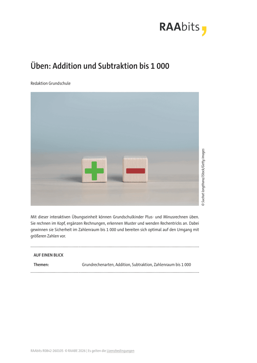 Üben: Addition und Subtraktion bis 1000 Üben: Addition und Subtraktion bis 1000